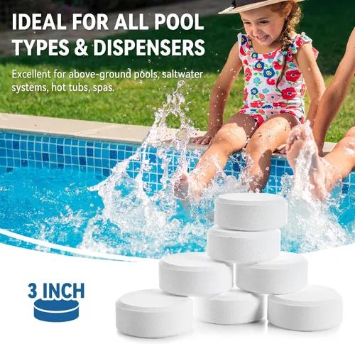 Vista 5 de Tabletas de cloro para piscinas y spas Desinfectante de larga duración de disolución lenta para agua limpia y clara (3 a 20 libras)