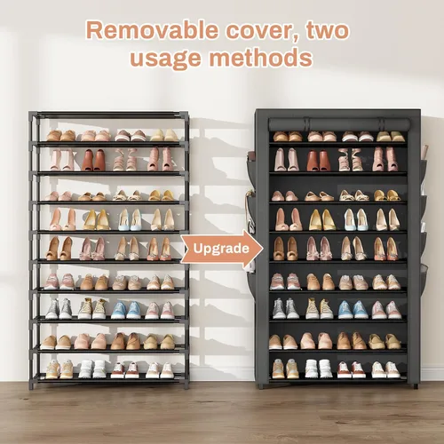 Vista 4 de Zapatero con tapa, organizador de zapatos de 10 niveles para 40-50 pares de zapatos deportivos y botas, gran capacidad, con 8 bolsillos, zapatero