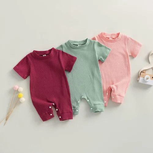 Vista 2 de BULINGNA Mameluco de verano para bebé, niña, niño, cuello redondo, color liso, de punto, acanalado, traje corto de una pieza