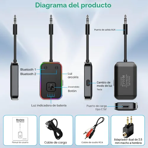 Vista 2 de Transmisor Bluetooth 5.4 Beeitzie Ultra Airplane 2026 – aptX LL baja latencia, soporta 2 auriculares simultáneamente – Adaptador de audio