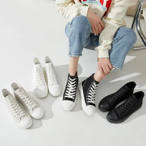Vista 5 de Zapatillas altas para mujer, zapatos de lona blanca, tops altos, zapatos casuales con cordones