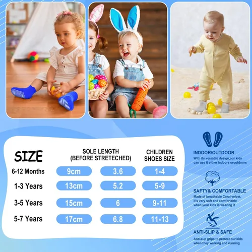Vista 4 de ELUTONG - Calcetines antideslizantes para niños pequeños, paquete de 12 pares, calcetines de tobillo con agarre para bebés, niños y niñas de 0 a 7