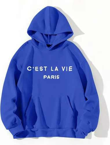 Vista 2 de YFJRBR Sudaderas con capucha para mujer, Cest La Vie Paris, sudadera con capucha de gran tamaño, cordón de ajuste, manga larga