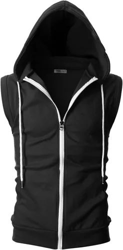 Vista 2 de Ohoo Sudadera con capucha para hombre, sin mangas, ligera, con cierre, estilo ajustado