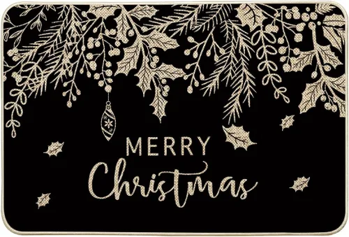 Vista 8 de Artoid Mode Alfombra de Puerta con Vistoso Vistoso de Muérdago y Acebo Negro, Feliz Navidad, Decoración de Hogar de Invierno de Bajo Perfil