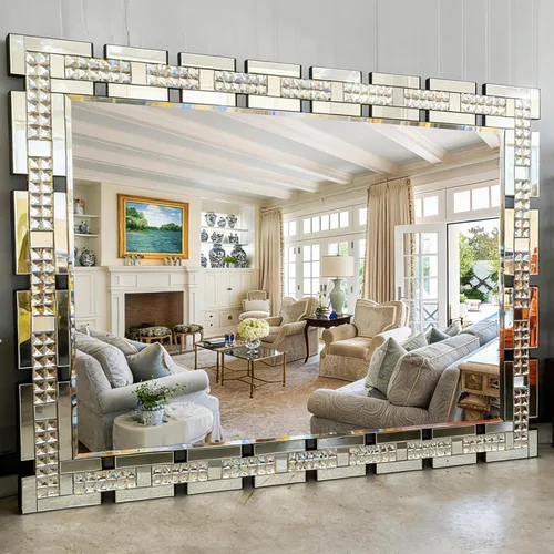 Vista 9 de Chende - Espejo de pared decorativo de 36 x 24 pulgadas con marco incrustado de cristal real, espejo de tocador HD sin plomo para sala de estar