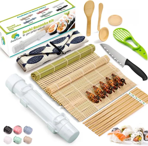 Vista 9 de Kit de fabricación de sushi SmileTools, juego de 22 piezas para principiantes con libro guía, bazuca, cuchillo, estera, cortador de aguacate