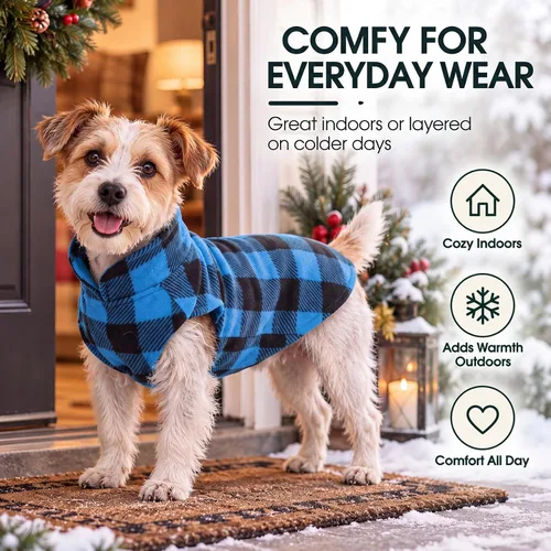 Vista 4 de Kuoser - Chaleco de forro polar para perros, suéter cálido a cuadros con agujero para correa, pijama suave para cachorros, abrigo de invierno