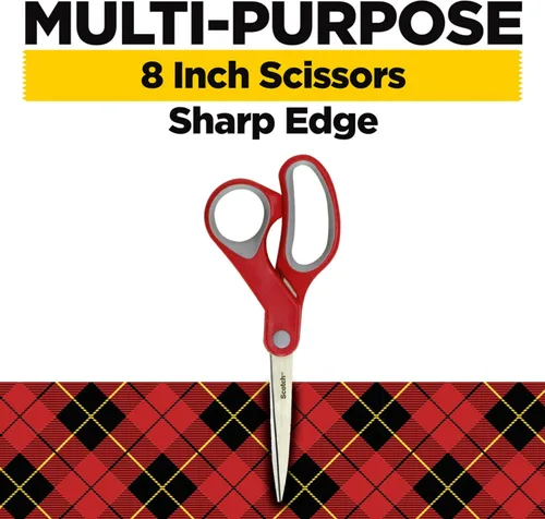 Vista 3 de Tijeras Scotch Multiusos de Acero Inoxidable de 8 Pulgadas, 2 Pares, Rojo y Gris, Ideales para Cortar Papel de Envoltorio de Regalos Navideños