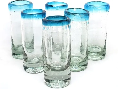 Vista 10 de Aqua Blue Rim - Juego de 6 vasos de 10 onzas (10 onzas) hecho a mano mexicana, vidrio reciclado, sin plomo, sin toxinas (mezclador)