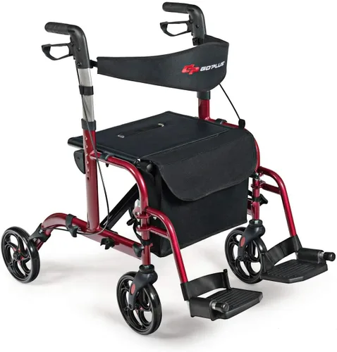 Vista 10 de GOPLUS Andadores con ruedas 2 en 1 para personas mayores, andador plegable con asiento, rueda de 8 pulgadas, combinación de andador médico y silla