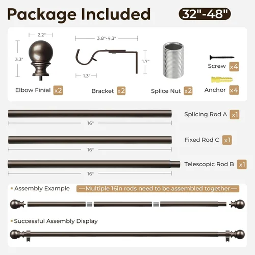 Vista 7 de Zeerobee - Barras de cortina ajustables de 1 pulgada, 32-48 pulgadas, bronce antiguo Heavy Duty Curtain Rods for Windows, Modern Drapery Rod for