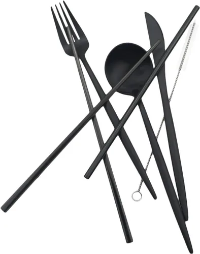 Vista 3 de Utensilios de viaje reutilizables, 7 piezas portátiles de acero inoxidable 304, incluyendo cuchillo, tenedor, cuchara, palillos, cepillo