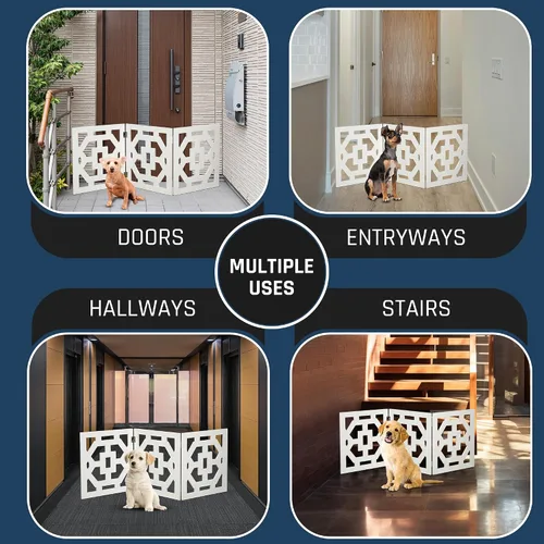 Vista 5 de Puerta independiente para perros, valla de madera decorativa expandible para perros pequeños a medianos, barrera para escaleras, puertas y pasillos