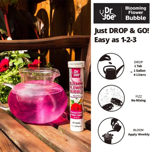 Vista 3 de Dr. Joe Blooming Flower Bubble Plant Food – Fertilizante soluble en agua (14 tabletas de burbuja, hace 14 galones, 10-20-15)