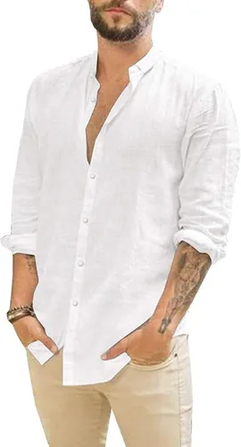 Vista 6 de Camisas de lino de manga larga para hombre, camisa casual con botones, ajuste regular, para verano, playa, boda
