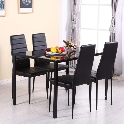 Vista 5 de Mesa de comedor negra de 47 pulgadas para 2-6 personas, mesa de comedor de vidrio templado con patas de metal, mesa rectangular de cocina