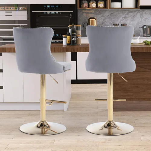 Vista 192 de SoarFlash Juego de 2 taburetes de bar tapizados de terciopelo moderno con patas de madera, botones acolchados, cabeza de clavo cromada, asiento