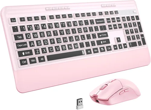 Vista 9 de Combo de teclado y mouse inalámbricos silenciosos, teclado con cubierta de impresión grande, teclado ergonómico de tamaño completo de 2.4 GHz