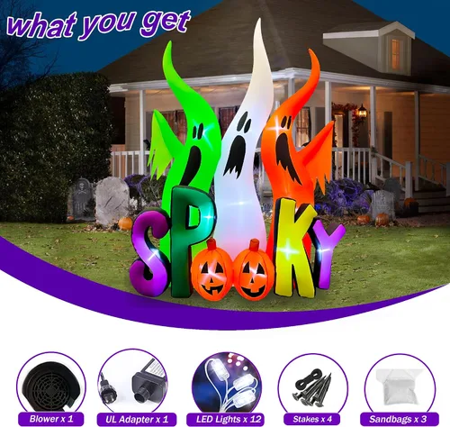 Vista 6 de SEASONBLOW Familia de fantasmas inflables de Halloween de 8 pies con calabaza espeluznante iluminada por LED, decoración inflable para césped
