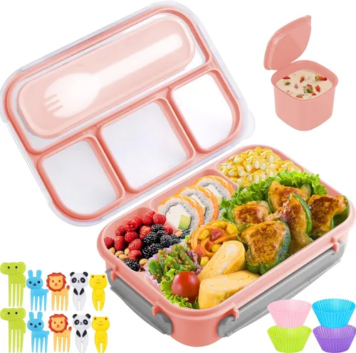 Vista 10 de Yumuk Caja Bento para Adultos, Contenedores de Almuerzo para Adultos Hombres Mujeres, 5 Tazas Bento con 4 Compartimentos y Spork y Caja de Salsa, A