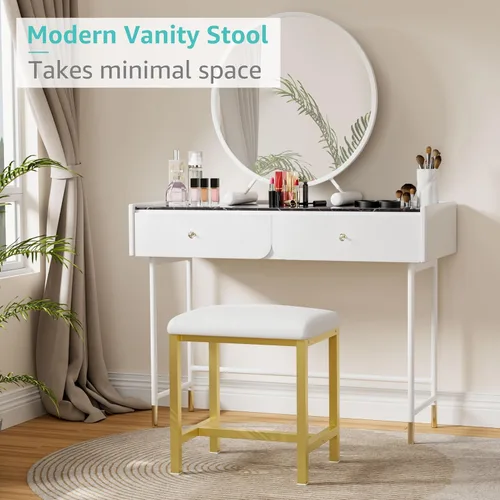 Vista 3 de Pequeño Taburete de Tocador, Lindos Taburetes de Tocador con Cojín, Silla de Tocador Blanca y Dorada para Espacios Pequeños, Sala de Estar, Oro