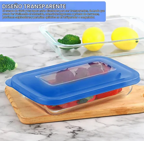 Vista 5 de KOMUEE Juego de 8 platos de vidrio para hornear con tapas rectangulares de vidrio con tapas sin BPA, moldes para hornear para lasaña, sobras