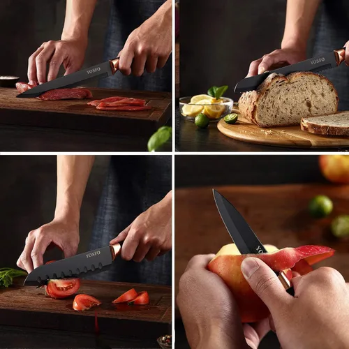 Vista 5 de Juego de cuchillos de cocina con bloque y afilador, juego de 17 cuchillos de acero inoxidable incluye juego de cuchillos de carne dentados