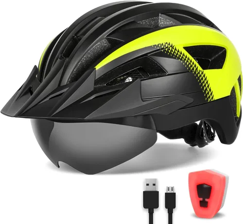 Vista 12 de Casco de bicicleta para adultos con visera y gafas para hombres y mujeres, casco de bicicleta de montaña y carretera, casco de ciclismo con luz