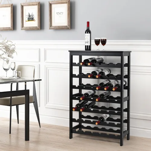 Vista 2 de VASMIA Estante de vino de bambú para 42 botellas, estante de vino de 7 niveles independiente con mesa, estante de almacenamiento de vino para Negro
