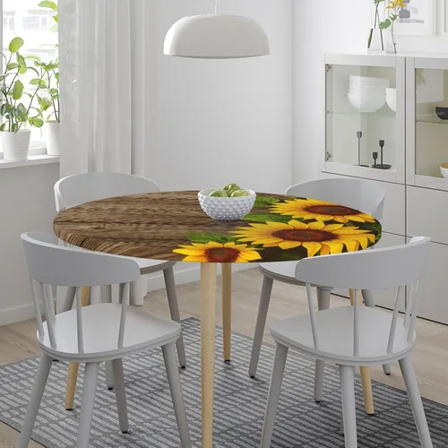Vista 7 de Famame Mantel redondo ajustable con protector elástico, mantel de madera con diseño de girasol para cocina, cena, impermeable, a prueba de aceite