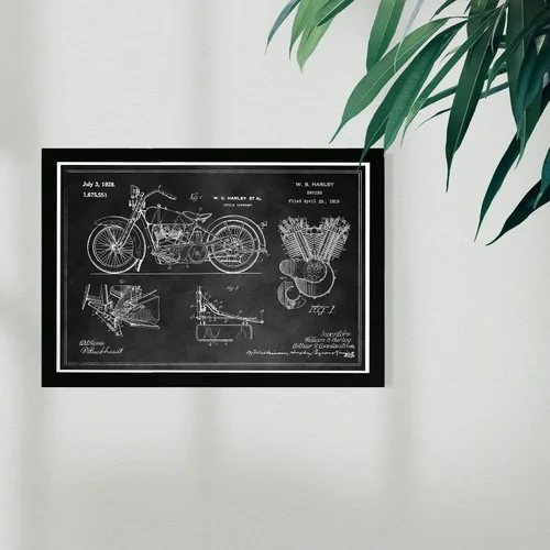 Vista 2 de Wynwood Studio Impresiones artísticas enmarcadas de transporte para pared, diseño de Harley Engine 1923 Set Horiz Chalkboard, motocicletas