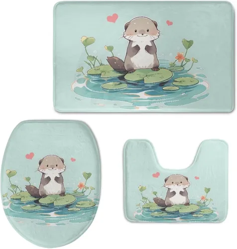 Vista 8 de Axolotl - Juego de 3 alfombras de baño antideslizantes y lavables para tapa de inodoro y tapete de contorno con respaldo de PVC, juego de tapetes