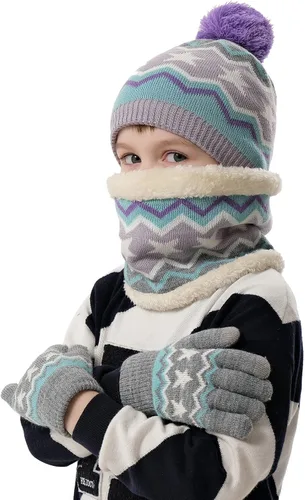 Vista 6 de Conjunto de gorro de invierno para niños y niñas de 2 a 7 años, gorro con pompón, forro polar