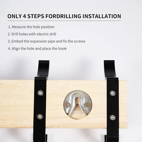 Vista 7 de Perchero de madera maciza para colgar en la pared, colgador de entrada, perchero de madera de metal con 5 ganchos de aluminio negro para bufanda