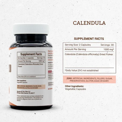 Vista 3 de Secrets of the Tribe Caléndula 60 Cápsulas, 1000 mg, Caléndula (Caléndula Officinalis) Flor Seca (60 Cápsulas)