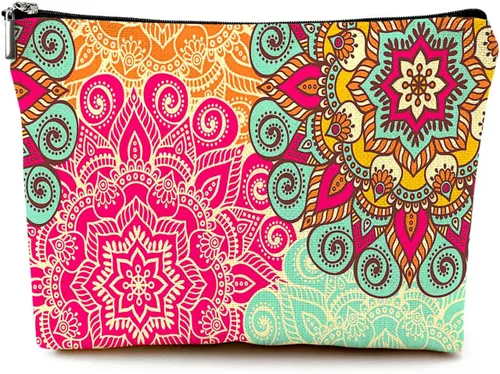 Vista 13 de Pequeña bolsa de maquillaje para monedero, bonita lona impermeable, bolsas de cosméticos para mujeres, con cremallera, bolsa de aseo de viaje