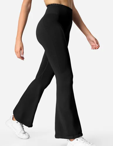 Vista 4 de VOYJOY Pantalones de yoga acampanados para mujer, sin costuras, levantamiento de glúteos, para entrenamiento, gimnasio, leggings casuales