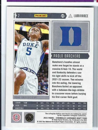 Vista 2 de PAOLO BANCHERO 2022-23 Panini Chronicles Luminance Draft Picks #2 Tarjeta de novato RC Duke Blue Devils Orlando Magic Basketball