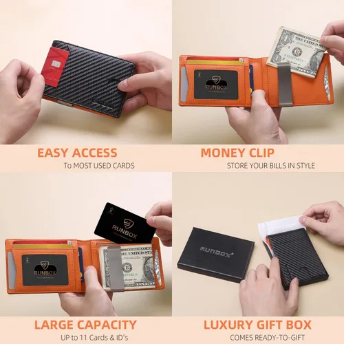 Vista 183 de RUNBOX - Carteras delgadas para hombre, cartera de piel con pinza para el dinero, cartera de bolsillo frontal con bloqueo RFID, tarjetero