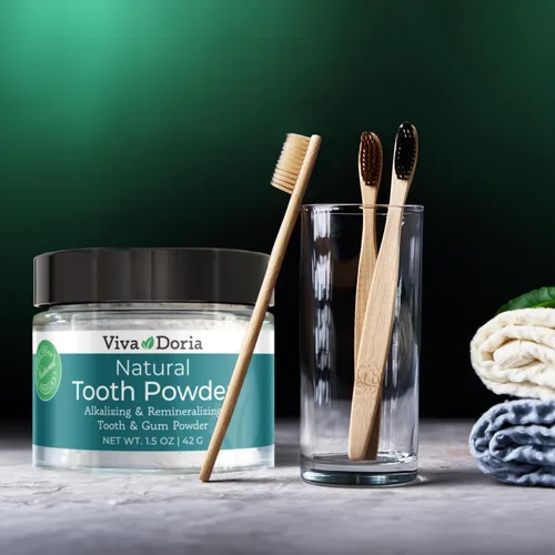 Vista 3 de Viva Doria Polvo dental natural, remineralizante, blanqueamiento dental natural, ambientador de aliento Sabor refrescante a menta Tarro