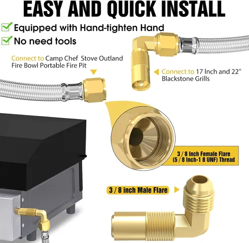 Vista 8 de Manguera de propano de conexión rápida de 6 pies para RV a parrilla a gas, manguera de propano de conexión rápida para RV de 1/4" hembra