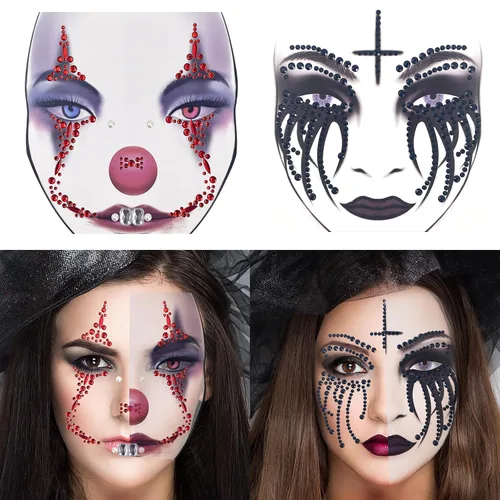 Vista 7 de Paquete de 2 calcomanías de cara de Halloween, gemas de payaso, maquillaje de monja, tatuaje de cara temporal de diamantes de imitación
