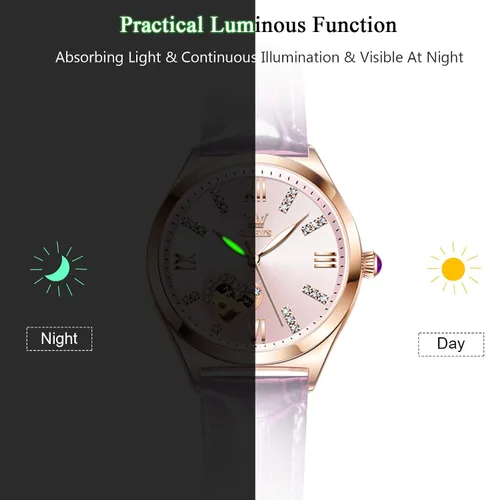 Vista 6 de RORIOS Reloj mecánico automático para mujer, reloj automático con correa de piel, luminoso, para mujer