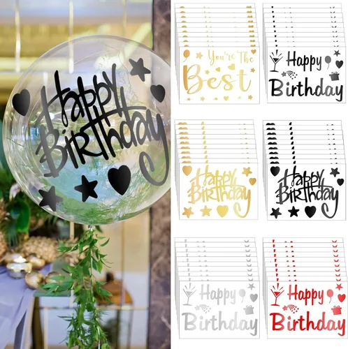 Vista 8 de Estune 60 hojas de globos de feliz cumpleaños, suministros de fiesta de cumpleaños, calcomanías transparentes para globos Bobo de decoración