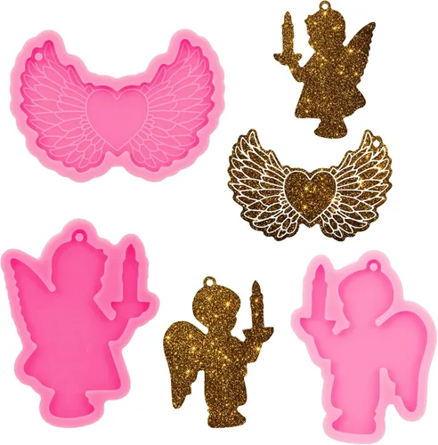 Vista 8 de Angel Wings Kit de 33 moldes de silicona para hacer manualidades de ángel y niña, alas de corazón de ángel, para manualidades, llaveros, colgantes