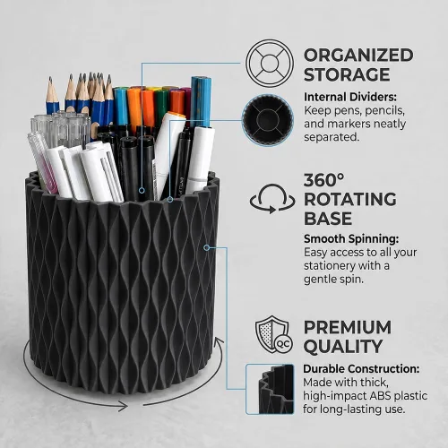 Vista 3 de Lebenrich Aesthetic Black Pen Holder for Desk, Rotating Plastic Desk Pencil Holder Organizer for Home School Office
