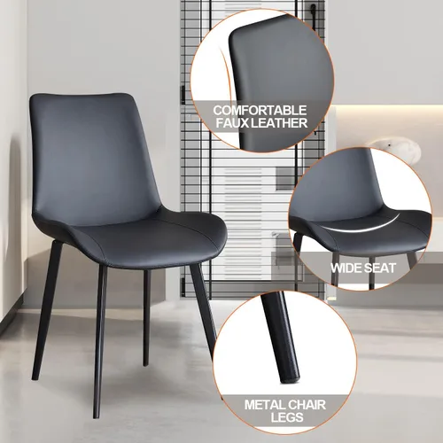 Vista 4 de seonyou Juego de 4 sillas de comedor de piel sintética negra para cocina, comedor, cómoda silla moderna de mediados de siglo con patas de metal