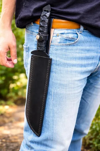 Vista 5 de Espada Wakizashi táctica hecha a mano de 17 pulgadas, machete de supervivencia de hoja fija de espiga completa con mango envuelto en cordón y funda