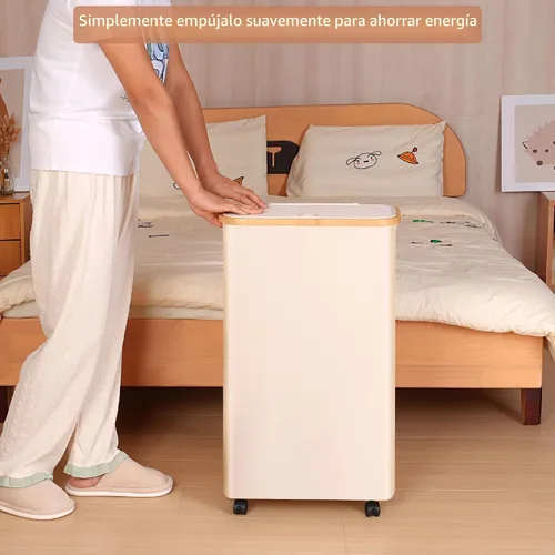 Vista 4 de Cesta de lavandería delgada con ruedas, cestas estrechas para lavandería, cesta de lavandería independiente con tapa y asas de bambú, cesta de tela